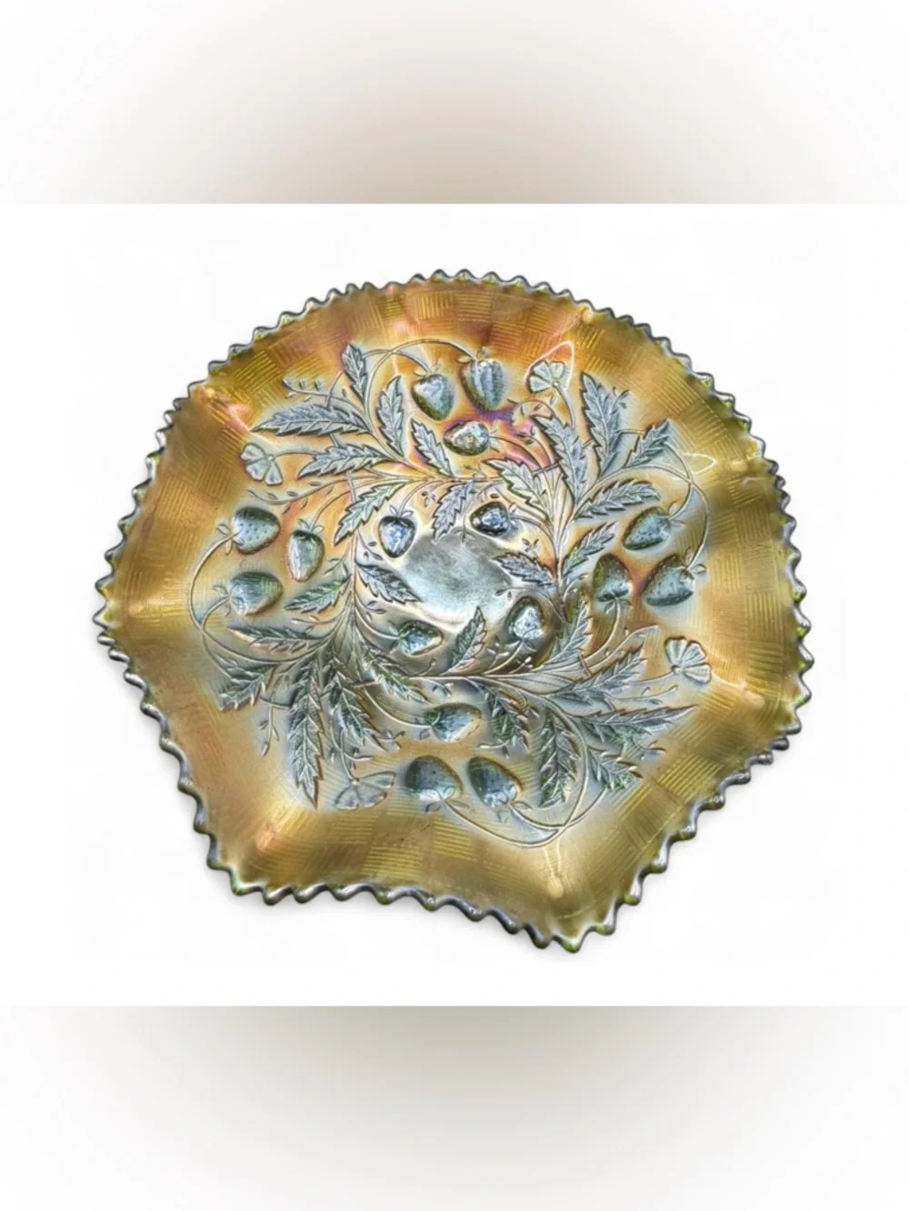 Northwood Antique Green Carnival Glass Strawberry Basketweave Ruffle Edge Bowl